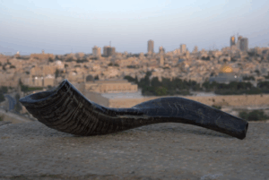 A dark, curved shofar (ram's horn) rests horizontally on a rough, light-colored stone ledge in the foreground. In the blurred background, the city of Jerusalem stretches out under a twilight sky, with the distinctive golden dome of the Dome of the Rock visible in the mid-ground among other buildings and distant structures.