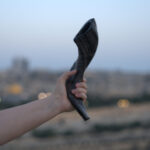 A light-skinned arm and hand extend upwards from the lower left of the frame, firmly holding a dark, textured shofar vertically. The shofar has a distinct curve, with its wide opening facing upwards. The background is a soft blur of a city at twilight or night, with scattered bright, circular lights visible and indistinct buildings against a pale sky.