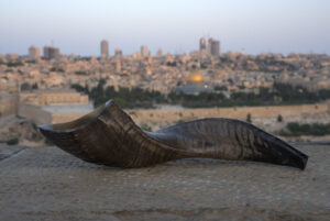 A dark, gracefully curved shofar with visible, slightly irregular striations along its length rests on a textured, grey stone surface in the foreground. Its wide, open end points gently upwards to the left. In the blurred background, the distant skyline of Jerusalem is bathed in soft, diffused light, with the golden dome of the Dome of the Rock nestled among the buildings.