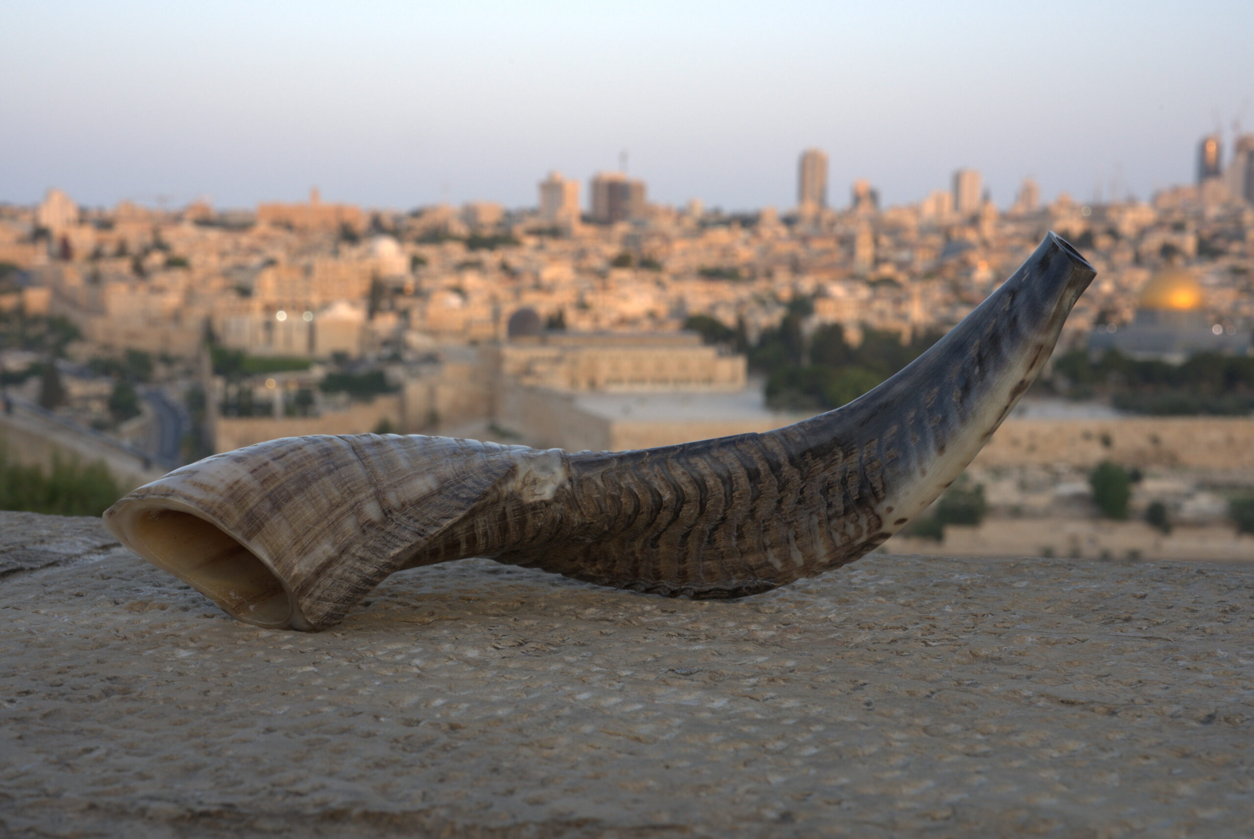 A long, naturally textured shofar, displaying bands of light grey, off-white, and brown, rests horizontally on a textured stone surface in the foreground. Its wide opening is to the left, slightly elevated. In the blurred background, the panoramic view of Jerusalem unfolds under a pale, diffused sky, with the golden dome of the Dome of the Rock and city structures visible.