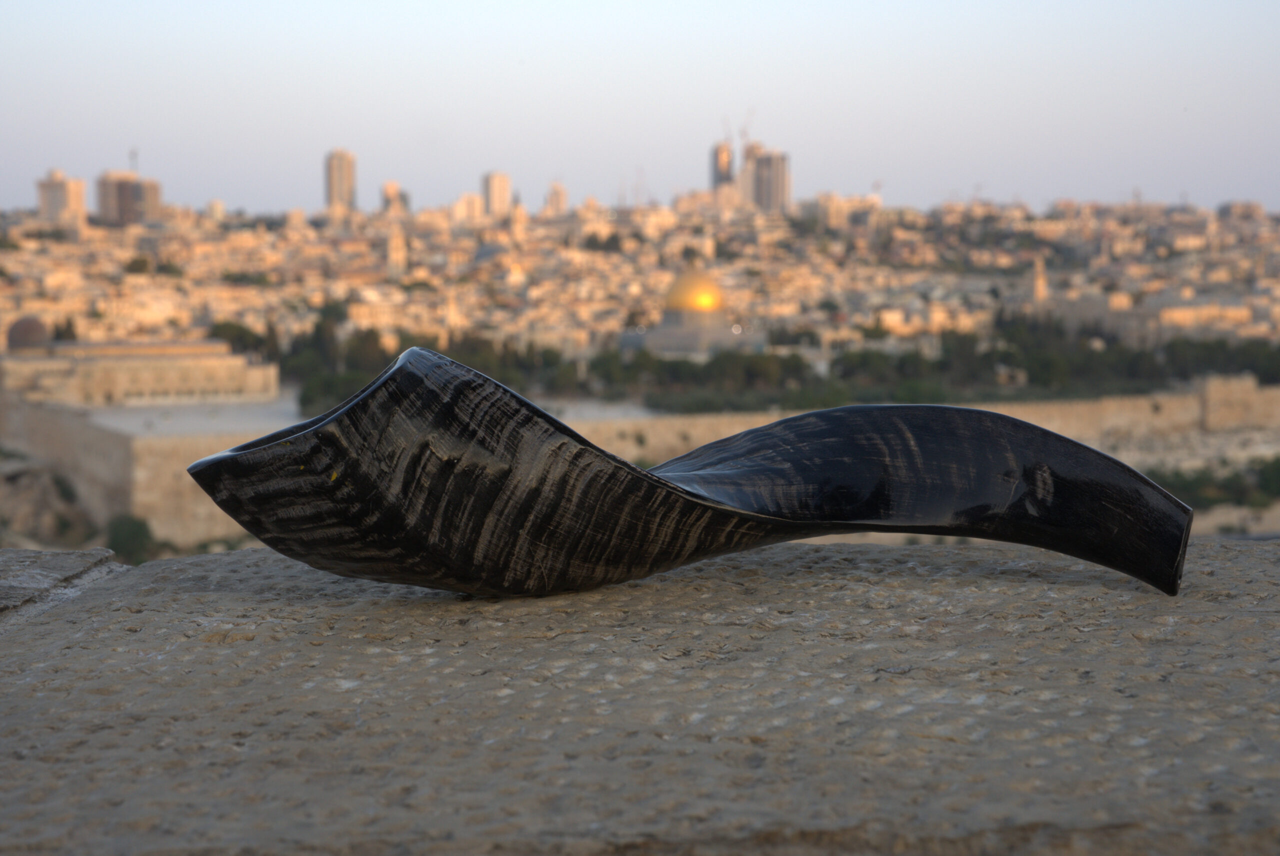 A dark, highly curved shofar with a textured, polished surface rests horizontally on a light-colored, mottled stone ledge in the foreground. The shofar