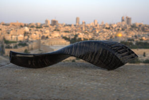 A dark-toned shofar, with a smooth, polished finish contrasting with subtle horizontal striations, rests horizontally on a textured, light grey stone surface in the foreground. Its wider, open end points to the left. In the blurred background, the iconic city of Jerusalem is illuminated by the soft light of dusk or dawn, with its golden-domed landmark distinct amidst countless buildings.