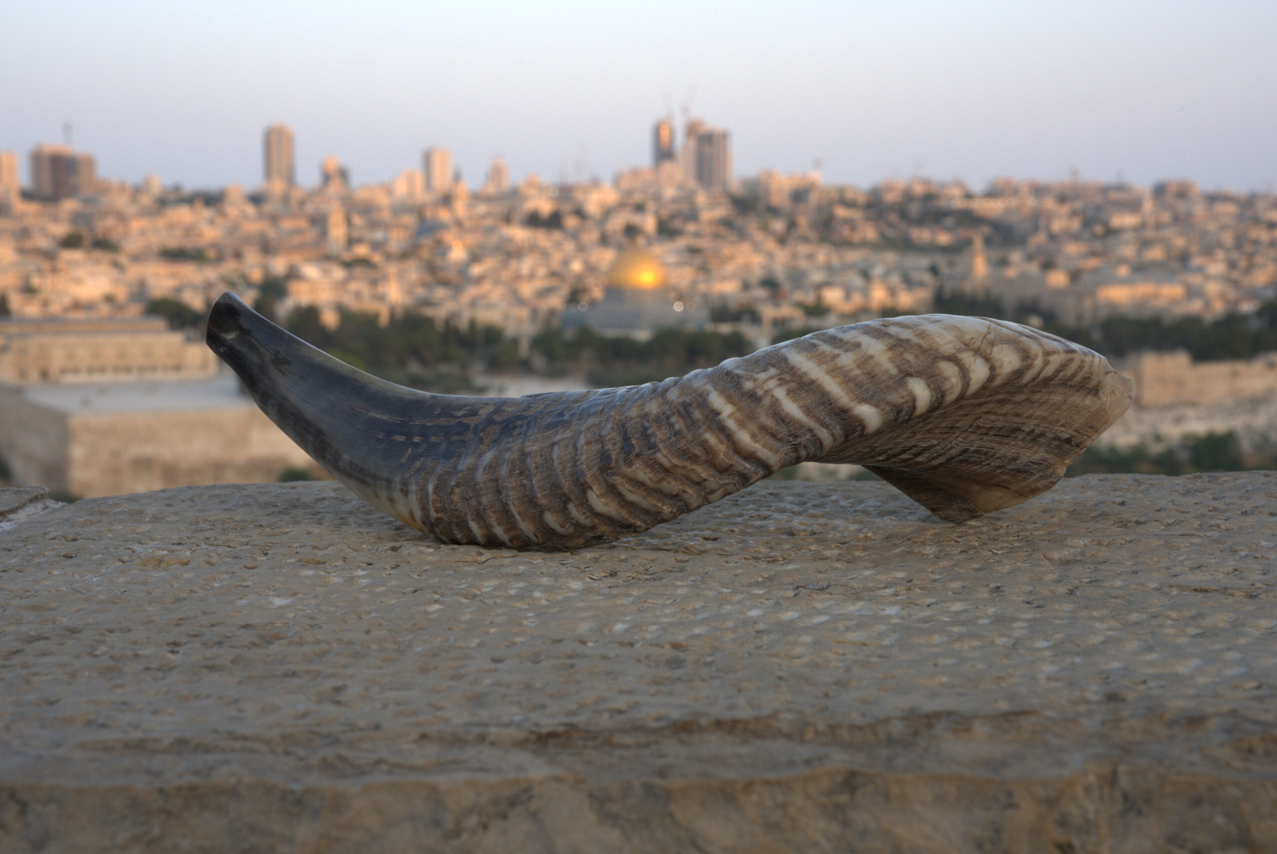 A long, curved shofar with prominent, wide horizontal bands of light and dark grey-brown colors rests on a rough, light-toned stone surface in the foreground. Its wide, open end is on the left. In the blurred background, the panoramic cityscape of Jerusalem is visible under a pale, clear sky, featuring the golden dome of the Dome of the Rock among various buildings.