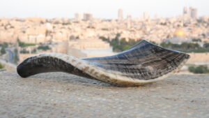 A long, gracefully curved shofar with distinct bands of dark grey, black, and pale ivory colors rests on a textured concrete surface in the foreground. The shofar's open end points to the left. In the blurred background, the panoramic view of Jerusalem features the golden dome of the Dome of the Rock nestled among city buildings under a soft, clear sky.