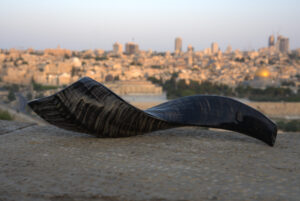 A dark, highly polished shofar with visible striations and a subtle sheen rests on a light gray, textured stone surface in the foreground. The shofar's broad opening is positioned to the left. In the blurred background, the iconic Jerusalem cityscape features the golden Dome of the Rock prominent amidst other buildings under a soft, diffused sky.